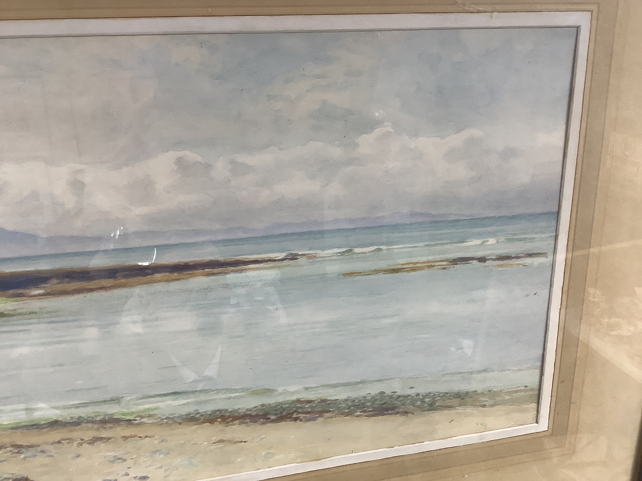 George Cockram (1861-1950), watercolour, Coastal landscape with gulls, signed, 27 x 55cm